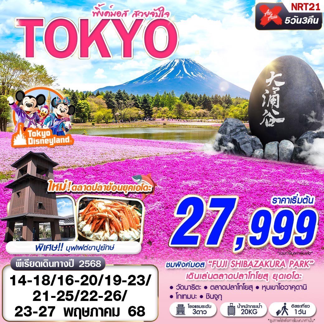 ทัวร์ญี่ปุ่น โตเกียว  TOKYO พิ้งค์มอส สวยจับใจ (FREEDAY บินเช้า) 5D3N  (XJ) พฤษถาคม 68